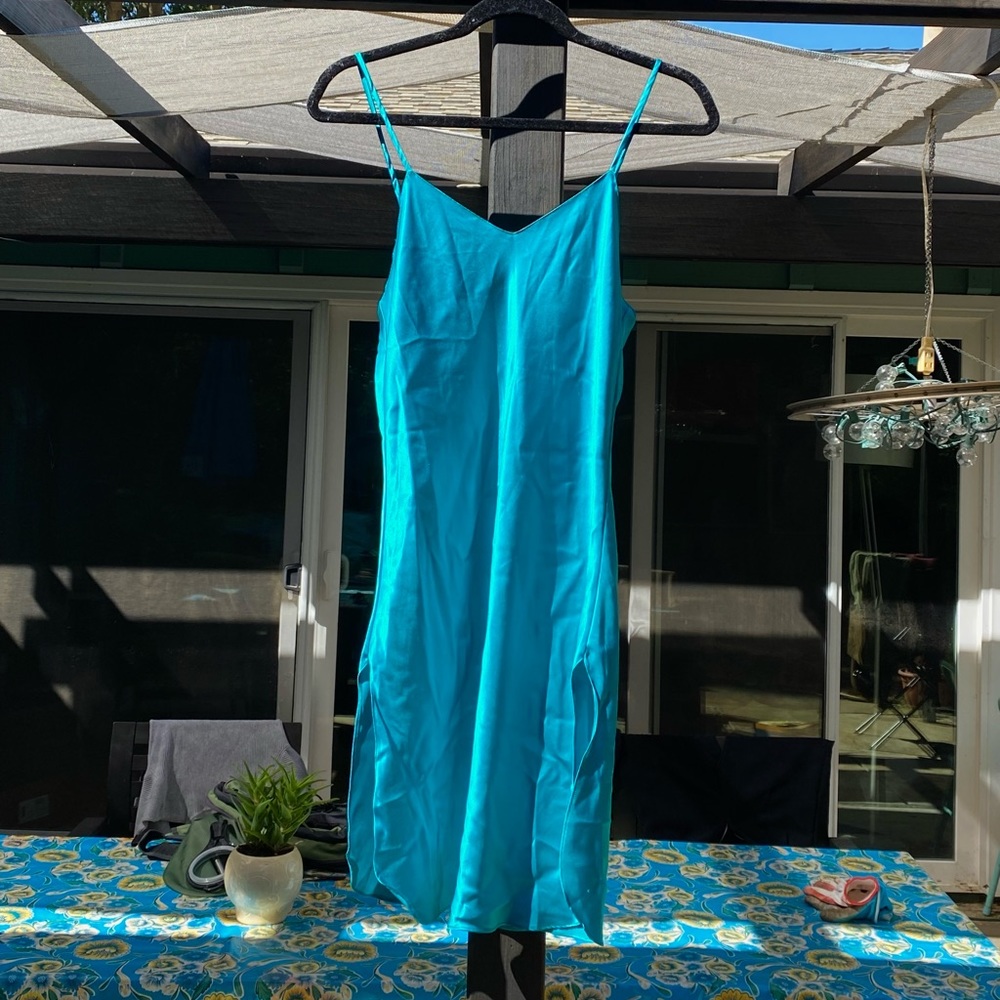 teal silk slip dress